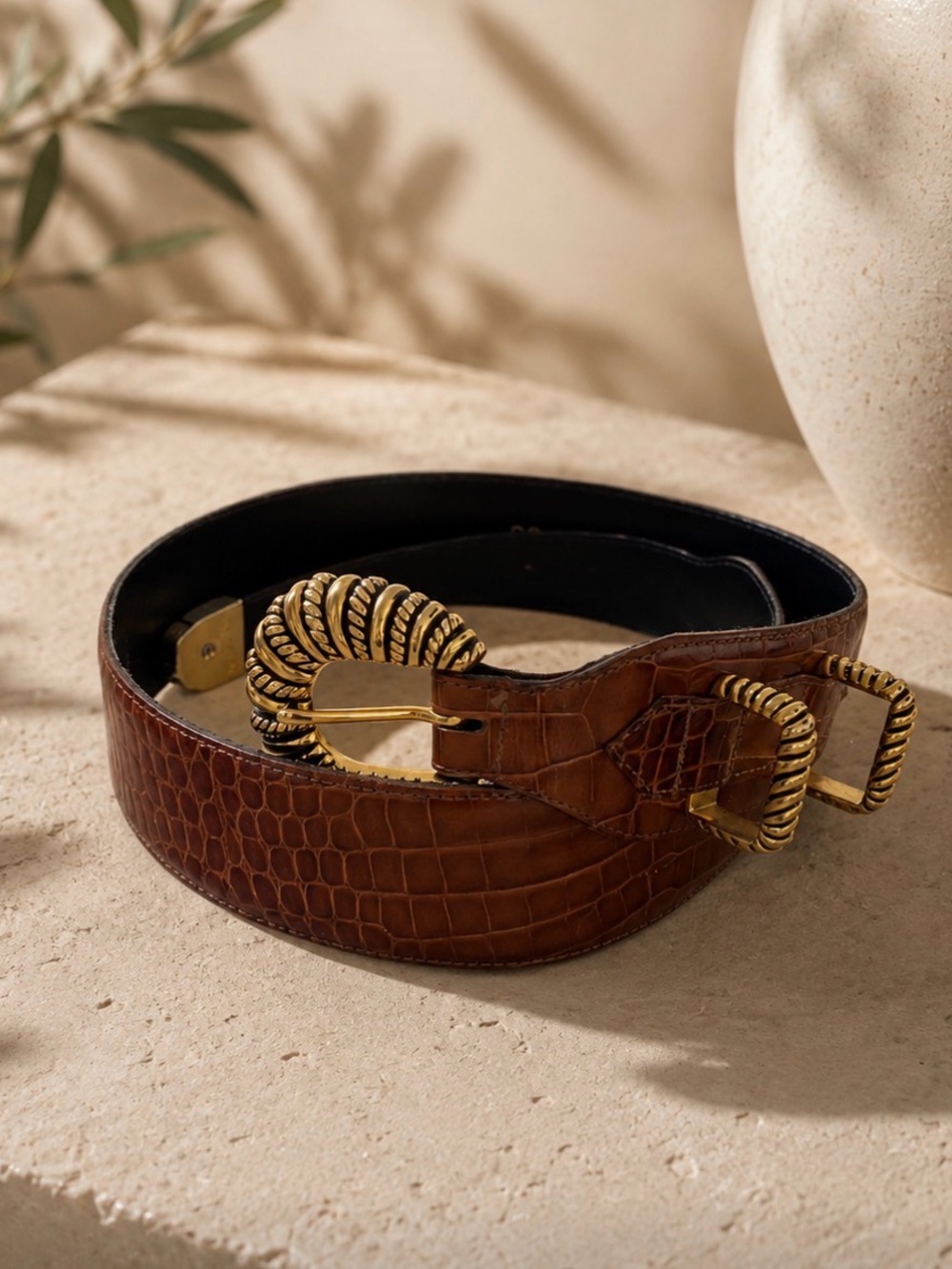 Vintage Vicenza Brown Leather Belt with Gold Hardware